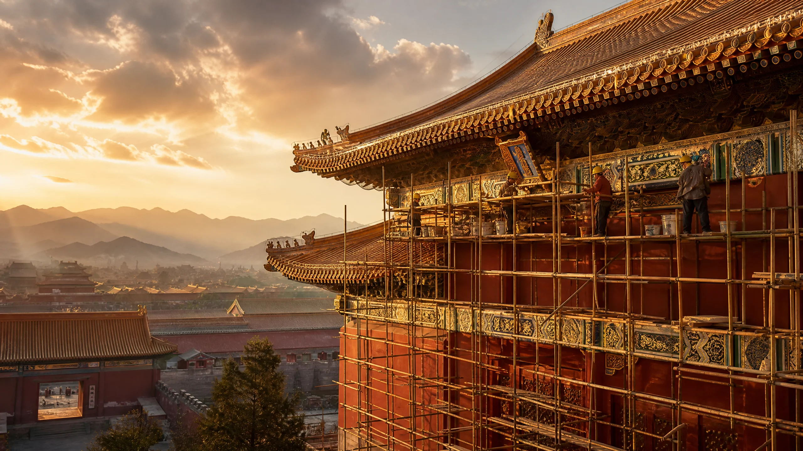 古建筑修复工程现场，工匠在脚手架上精‍心修复传统彩画